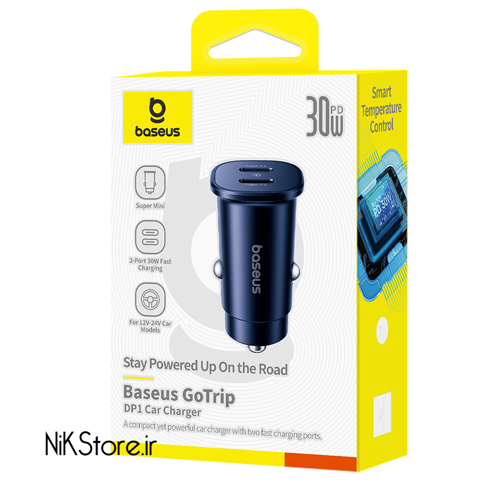 شارژر فندکی 30 وات باسئوس مدل GoTrip DP1 دو پورت تایپ سی